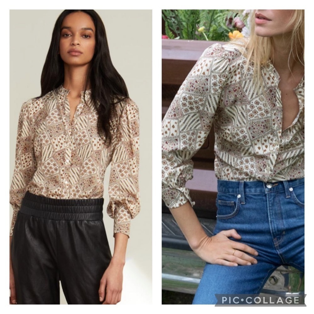 Veronica Beard Beige and Brown Printed Popover Blouse